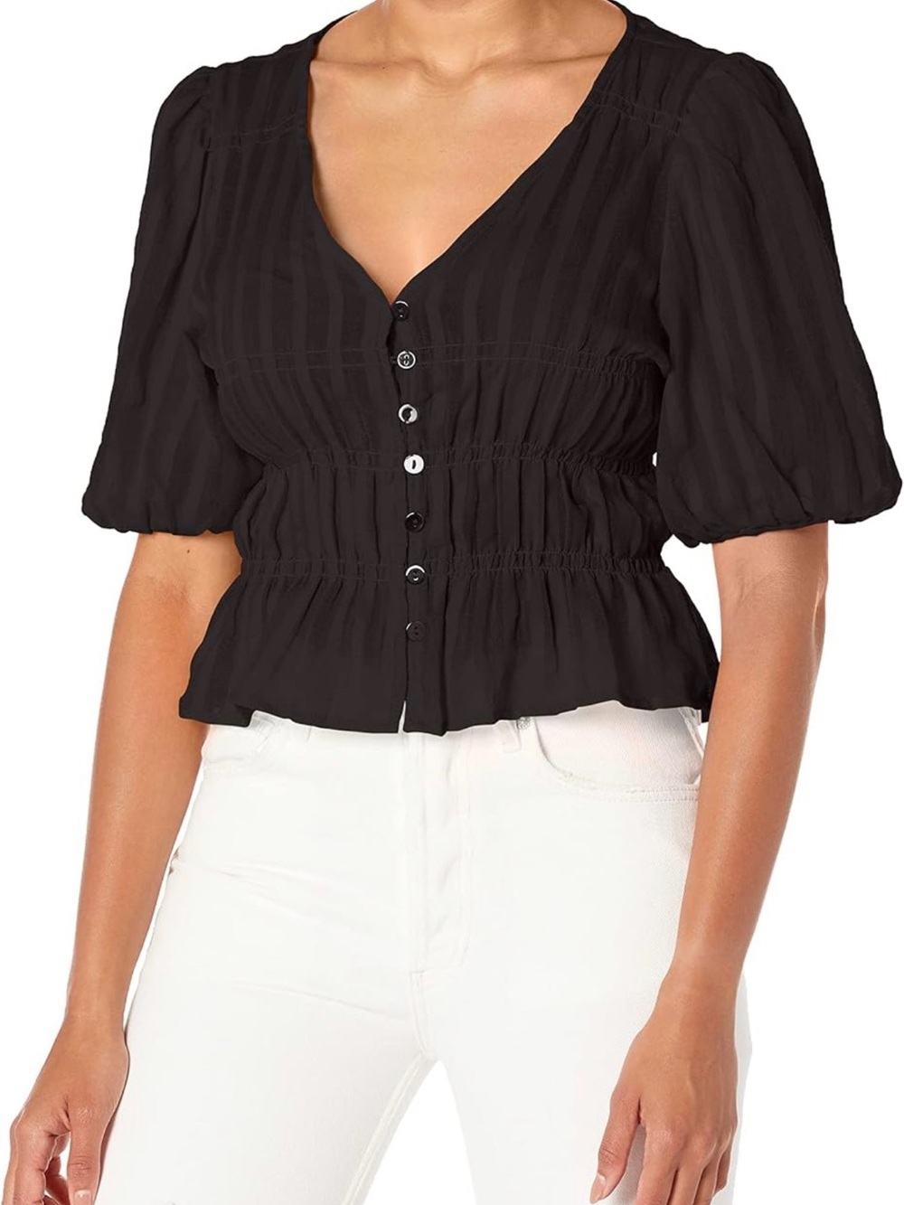 Steve Madden Black Button-Front Smocked Waist Peasant Top